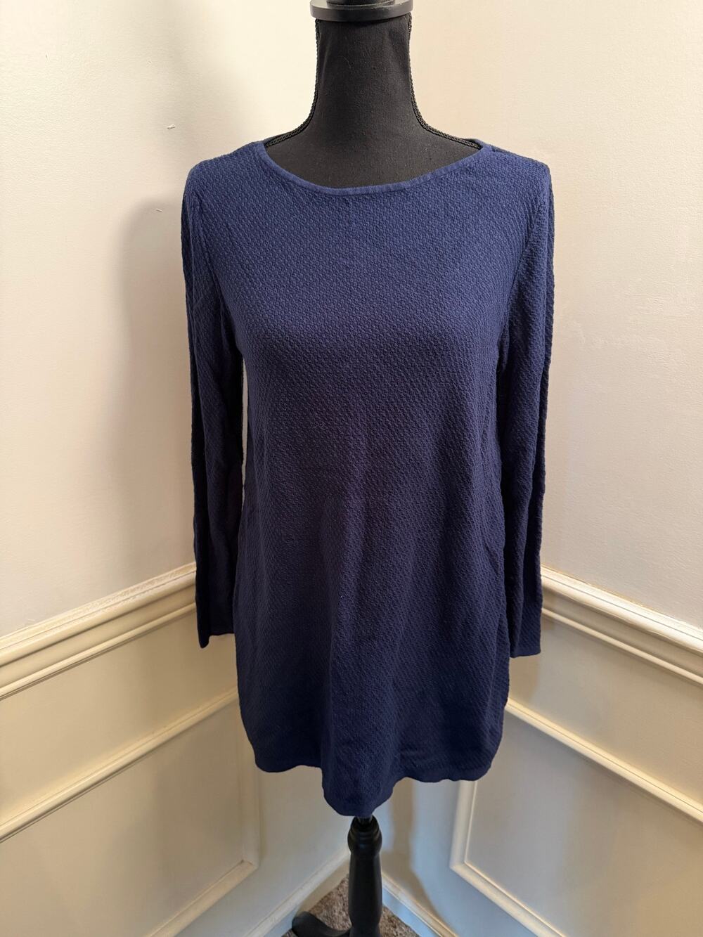 J. Jill Navy Blue Textured Knit Long Sleeve Tunic Sweater Cozy Lagenlook Coastal
